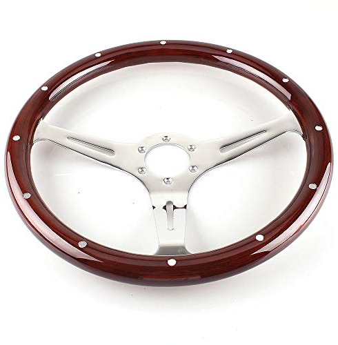 RaamKa Sportlenkrad Klassische Mahagoni-Holz-Getreide-Braun-Trimm-Rennsteuerungsrad mit Niet 15inch 38 cm Universal-Auto-Sport-Lenkrad Holzlenkrad
