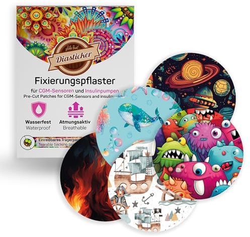 Diasticker® Overpatch - Cerotti di fissaggio (5 pezzi, Mix-Playtime) – Freestyle Libre 3, Dexcom G7, catetere | Impermeabile – Traspirante – Forte tenuta | patch sensore, fissaggio nastro, cerotto