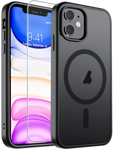supfine Magnetiskt fodral för iPhone 11 (kompatibelt med MagSafe) (fallskydd i militärkvalitet) smalt genomskinligt matt stötsäkert med fingeravtryckstelefonfodral, svart
