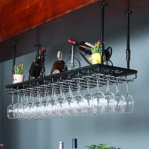 IBOWZ Deckenverzierung Deckenregal Schwarzes Weinregal - Industrieller Retro-Weinglas-Hängehalter aus Metall, Deckendekoration, schwebendes Regal, höhenverstellbar, für Bars, Restaurants, Küchen