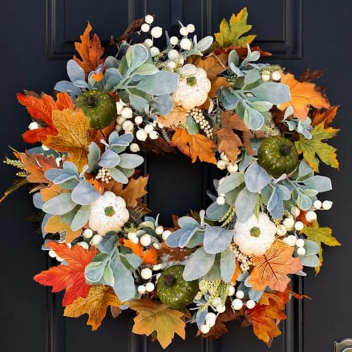 45cm Kürbisse Kranz,Autumn Wreath Ahornblatt Kranz mit Haustür Dekoration Kranz mit Ahornblätter Kürbis Bunte Beeren für Halloween Thanksgiving Weihnachten Wandschmuck (Orange-4)
