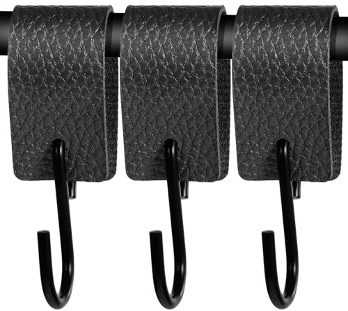 Yuanchu Leather S Metal Hooks,3 Pcs Multifunctional S-Hooks with PU Leather Coat S Hooks for Hanging Clothes Outdoor Camping Hanging Kitchen(Black)