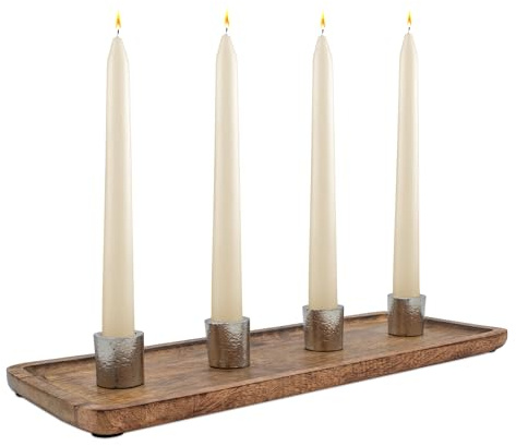 Mango Adventskerzenhalter für 4 Kerzen - 38 x 15 cm - Holz Aluminium Kerzenständer - Tisch Fensterbank Dekoration Adventskranz Weihnachten