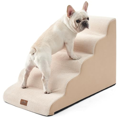 COZY KISS Large escalier pour Chien et Petit Animal Domestique avec Housse Anti-Fuite, Rampe en Mousse Haute densité pour lit Haut,Durable, 50 x 83,8 x 56,9 cm, 5 Niveaux, Beige