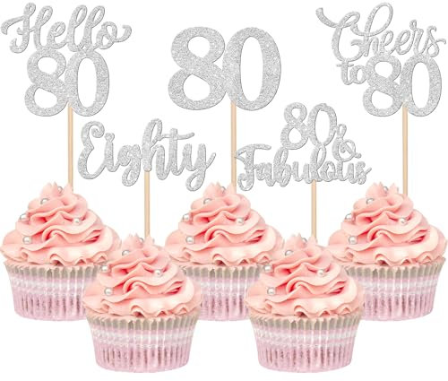Xsstarmi 30 Pack Happy 80th Birthday Cupcake Toppers Silver Glitter Hello 80 Fabulous Eighty Birthday Cupcake Picks Cheers to 80 Years Cake Decorations for Happy 80th Birthday Party Supplies