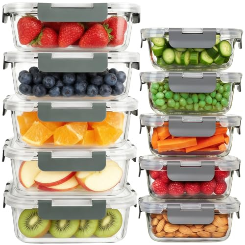 MEETOZ Glass Containers with Lids,10 Pack Glass Meal Prep Containers,Glasss Lunch Box with BPA Free,Stackable, High Temperature Resistance, for Freezer, Microwave, Oven, Freezer and Dishwasher