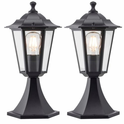 firstchoicelighting Set of 2 Modern Black Outdoor Post Lights, Garden Pedestal Six Sided Glass Lantern Design, IP44 Rated, Compatible with LED Bulbs