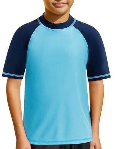 MASOCIO Boys Rash Vest Short Sleeve Kids Sun Protection UPF 50+ Swim Top Childrens Swimming Water Sports Workout Shirts Quick Dry Age 4-14