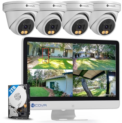 4COVR 5MP PoE Überwachungskamera Set mit Monitor, mit 2TB, DLY97KA5MU804 | 4×5MP Dome Außenkamera IP67 Kabelgebunden, Personen-/Fahrzeugerkennung, 2-Wege-Audio & Intelligente Farbnachtsicht, 8CH NVR