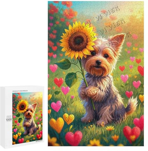 1000 Piece Wooden Jigsaw – Yorkshire Terrier and Sunflower Design – Fun and Relaxing Puzzle for Adults – Perfect for Pet and Nature Lovers