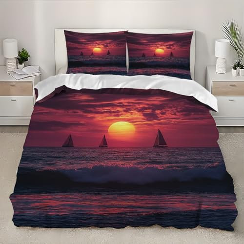 Barca A Vela Sul Mare Set Copripiumino 155x200cm Matrimoniale 3 Pezzi in Microfibra con 2 Federe Sfumatura Viola Biancheria da Letto Ipoallergenica per Bambini e adulti, Morbido e Traspirante
