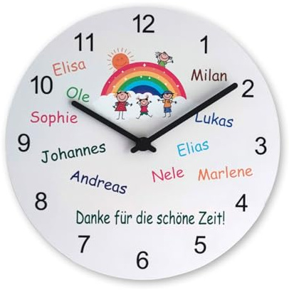 Faramosa Personalisierte Wanduhr Abschiedsgeschenk Kita für Erzieherin Geschenk Kindergarten Kindernamen Regenbogenmotiv Uhr Kitaabschluss lautlos