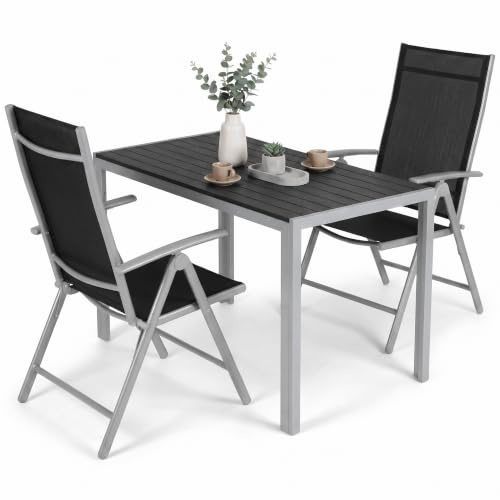 LIFERUN Gartenmöbel Set 3 Teilig, Balkonmöbel & Sitzgruppe Outdoor | 110x70cm WPC Tisch & 2 Aluminium Hochlehner Klappstühle, Wetterfest Terrassenmöbel außen, Silber Grau