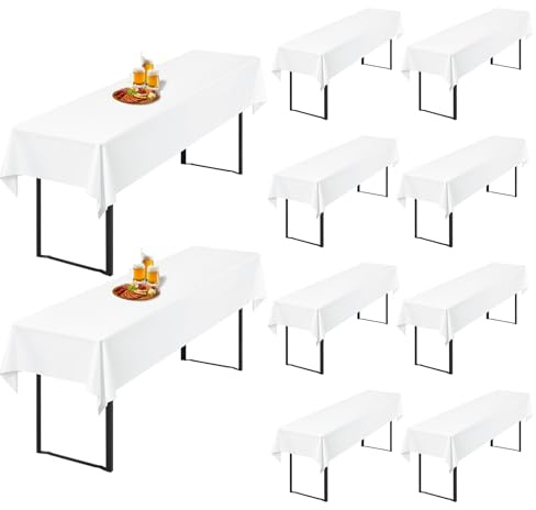 10 Stück Weiß Biertisch Tischdecke universal für 50cm u.70cm Biertische Hussen für Biertisch, Blickdichte Polyester Biertischhussen Biertisch-Husse Rechteckige Tischdecken Waschbar-250x100cm