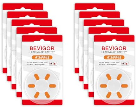 BEVIGOR Hearing Aid Batteries Size 13, Mercury Free, Zinc Air Batteries, Easy to Open and Carry, 1.45V, Long Lasting Hearing Aid Batteries, 60 Count