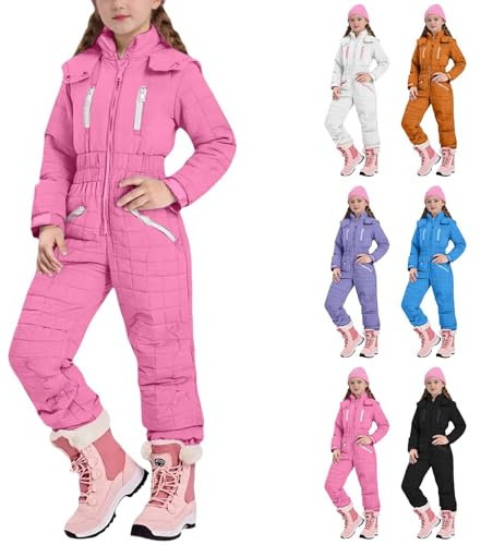 Unisex Kids Snow Suit Girls Hooded Waterproof Insulated One Piece Ski Suit Teen Boys Warm Onesie (Pink, 9-10 Years)