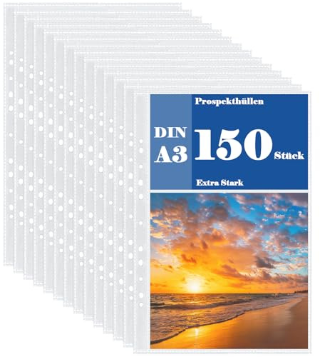 APACALI 150 unidades de fundas transparentes A3, 0,05 mm, A3, con perforación, láminas transparentes extrafuertes, apertura superior, fundas transparentes transparentes, fundas de plástico para