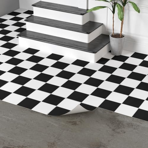 PVC Bodenbelag Selbstklebende Fliesen Schachbrettmuster 30x30 cm, Fliesenoptik Vinylboden Bodenfliesen für Eingangstür, Wohnzimmer, Küche Schwarz Weiß 50 Stück 4,5 m²