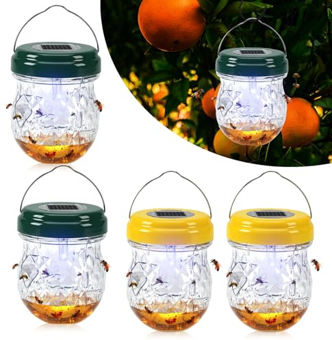 Solar wasp Traps Outdoor Hanging, 4 Packs Wasp Trap Catcher, Yellow Jacket Traps, Reusable Solar Powered Carpenter Bee Hanging for Outdoor, Hornet Trap Wasps Killer with UV LED Light