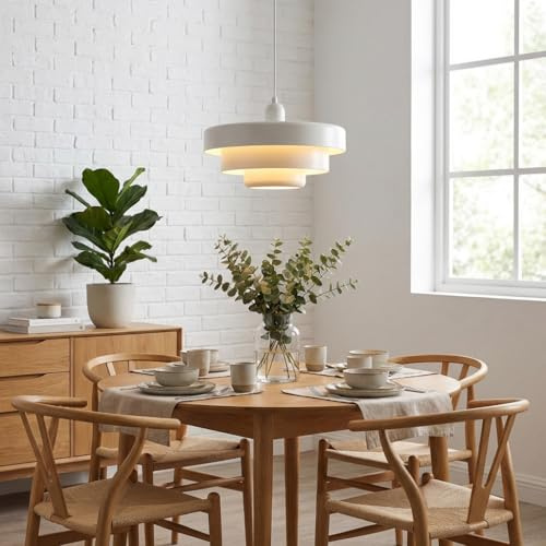 BARCELONA LED Pendelleuchte MACARRON Weiß 3-stufig Metall Eisen, Bauhaus Minimalistisch, Indirekte Blendfreie Beleuchtung, Klassisch Vintage Modern & Zeitloser Luxus E27