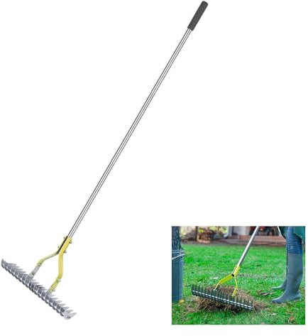 Râteau à chaume à Gazon, 15 Pouces de Large en Acier Inoxydable, râteau Ergonomique à Haute efficacité, râteau à Herbe Morte pour Feuilles mortes, Branches mortes, Nettoyage de