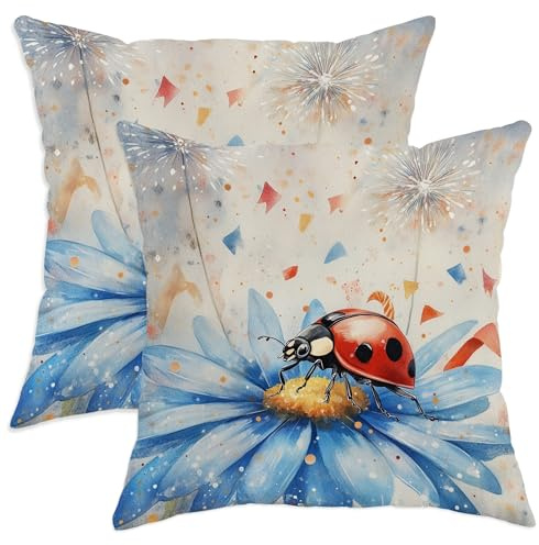 Set di 2 federe per cuscini a tema coccinella, crisantemo primaverile e fantasioso fuochi d'artificio primaverili blu in morbido velluto lavabile, decorative, per soggiorno, appartamento, letto