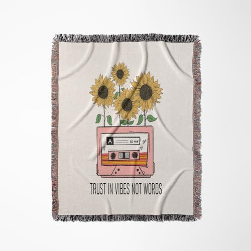 3dRose Trust in Vibes not Words Text, an audiotape Cassette, Sunflowers Woven Blanket