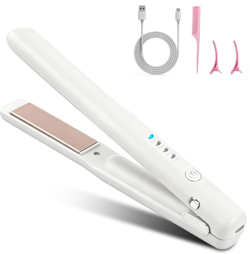 Cordless Hair Straighteners, 2 in 1 Mini Hair Straightener and Curler with 4 Temp Settings & Fast Heating, USB Rechargeable Travel Straighteners Mini Portable for Short to Long (White)