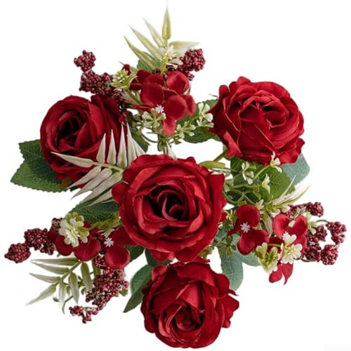 PureBowlic rosbukett i konstgjord tyg, 4 stjälkar, realistiska falska blommor för bröllop, heminredning, elegant sidenblomsterarrangemang, fotograferingsrekvisita, långvarig, inget vatten behövs (röd)