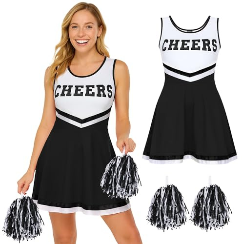 REDSTAR FANCY DRESS Cheerleaderkostüm Damen mit Cheerleader Pompoms – Cheerleader Kostüm Damen – Kostüm Damen als High School Cheerleader – Halloween Kostüm Damen