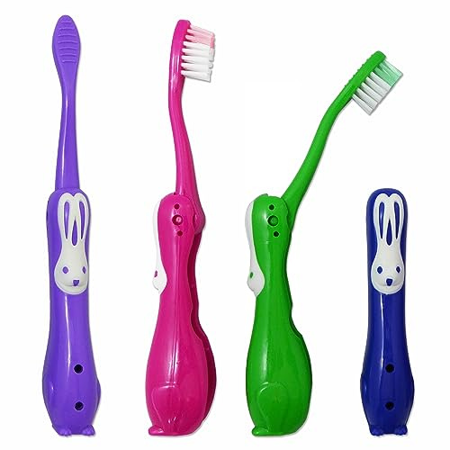 4 Childrens Toothbrushes ~ Bulk Packs Kids Manual Folding Brushes (Rabbit Travel)