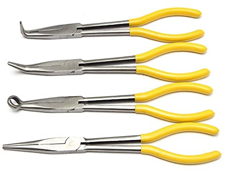 Auoeer Pincers, 11 Inch Extra Long Nose Pliers Straight Bent Mechanic Equipment Hand Tool Set 4Pcs