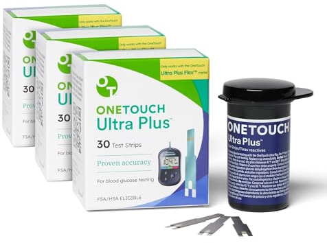 OneTouch Ultra Plus Test Strips - 90 Count - Diabetic Test Strips for Blood Glucose Meter & Daily Blood Sugar Levels - 30 Count/Pack (3 Pack)