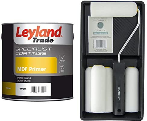 Leyland Speciality MDF Primer - White 2.5L & Performance Gloss Mini Roller Kit (7 Pieces)