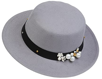 NiceYnn Klassische Vintage-Wollmütze mit breiter Krempe, flache Oberseite, verstellbares Perlenband, Fedora, Kirche, Derby, Filzkappe für Hochzeit, Party, Talentshow, Grau und Perlmutt, Einheitsgröße