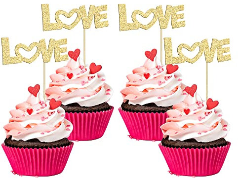 24 Stück Love Cupcake Topper Glitzer mit rosa Schleife Valentinstag Cupcake Picks für Valentinstag Thema Hochzeit Verlobung Brautdusche Geburtstag Party Zubehör Gold