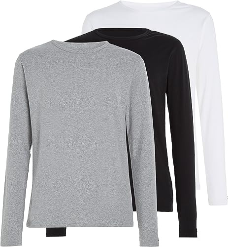 Tommy Hilfiger Hombre Pack de 3 Camiseta de Manga largas Basic, Multicolor (Black/White/Grey Heather), XXL