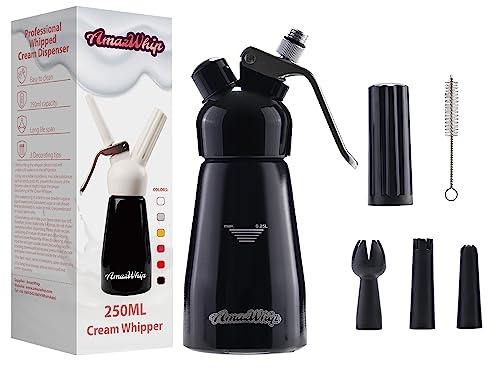 AMAZWHIP 250ML Cream Dispenser For All Cold Applications-Durable Aluminum Alloy Cream Whipper With 3 Decorating Nozzles & 1 Cleaning Brush (Black)