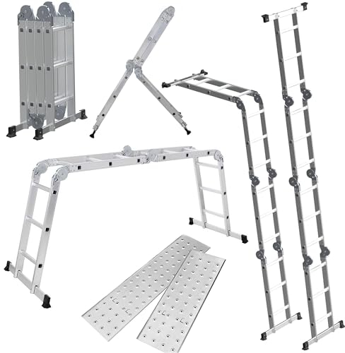 BTF Escalera de Aluminio Multifuncional 5 en 1 con 2 Placas Metálicas | Escalera Plegable Que Forma Andamio a 90,5 cm del Suelo, Carga de 150 kg, Ref.: BTF-MUP34