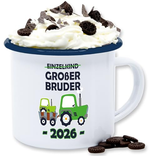 Emaille Tasse Blechtasse - Tassen - Einzelkind Großer Bruder 2026 Traktor - 300 ml - Weiß Blau - big brother 2023 becher große brüder groser kaffeetasse bruder gro er geschenk für großen