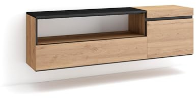 Skraut Home | Mueble TV | Televisión | Muebles de salón, almacenaje | 150x45x35cm | para TV hasta 65 | Colgado, Suspendido | Estilo Moderno | Roble y Negro