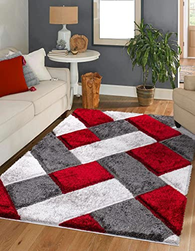 3D Shaggy Rugs Modern Geometric Design Large Area Rugs for Living Room Bedroom Thick Fluffy Floor Mats Small Door Mat (Red, 60 x 110 cm)