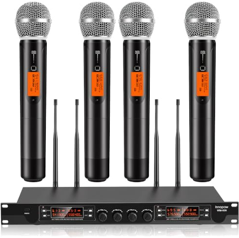 innopow 4 Channel Wireless Microphones System, Quad UHF Cordless Mic Set,4 * 40 Groups Metal Handheld Dynamic, Auto Scan, Long Range 200-300Ft,16 Hours Use for Church,Singing Bands (WM500)