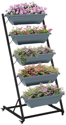 Outsunny 5-Etagen Pflanzenständer, 145 cm hoch Blumenständer mit Rollen Töpfe, Pflanzenregal aus Stahl, mehrstöckig Blumenregal, Blumentreppe Blumentopfständer für Garten Balkon, Grau
