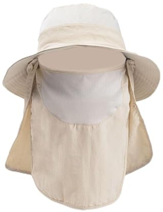 Rockreyoa Fischerhut für Herren Damen Sonnenschutz UV-Schutz mit Gesichtsabdeckung Nackenschutz Unisex Safari-Hut Breite Krempe Outdoor-Hut für Radfahren Angeln Wandern Gartenarbeit Beige
