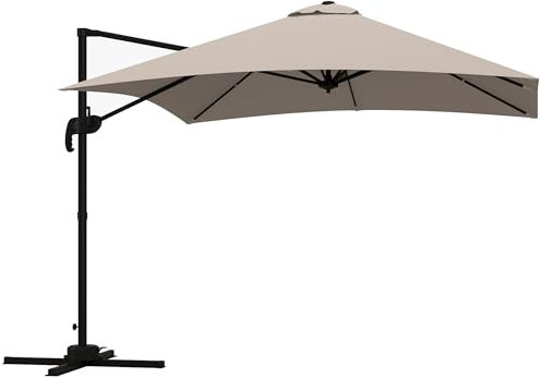 Outsunny Ombrellone da Giardino a Manovella 3x3 m Inclinabile e Girevole a 360°, Ombrellone Decentrato a Braccio con Base a Croce, in Poliestere 250g/㎡ e Alluminio, Cachi