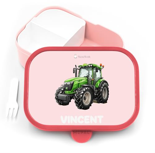 Geschenkfreude Personalisierte Brotdose Traktor für Mepal - Jausenbox Kinder Traktor - Lunchbox Kinder mit Trennwand Name, Kindergarten, Schule - Alles für den Schulanfang - Brotdose mit Namen Junge