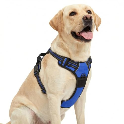 Funfox Hundegeschirr Grosse Hunde, Anti Zug Brustgeschirr Verstellbares Geschirr Hund, Antiziehgeschirr mit Griff und Reflektorstreifen, No Pull Geschirr für Kleine Mittlere Grosse Blau XL