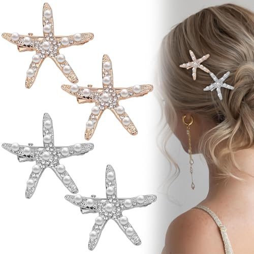 4-teiliges Seestern-Haarspangen-Set,Meerjungfrauen-Haarspangen,Haar-Accessoires mit Kristallperlen,Strass-Haarnadel,Meerjungfrauen-Accessoires für Frauen und Mädchen (2 Gold, 2 Silber)
