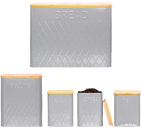 Innoteck Essentials Canister Set - Tea, Coffee, Sugar Storage Containers with Wooden Lids in Stylish Square Grey Design - Up to 1.1L Capacity Each for Fresh Preservation and Anti-Rust
